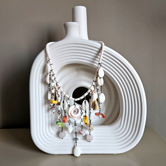 Колье – жемчуг, ракушка, перламутр, оникс, кварц розовый.