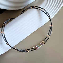 Колье – две нити, черный биссер Япония, террегерц стальной, микс цирконов синтетических, кубики гематита позолота.