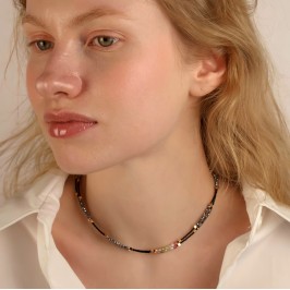 Колье – две нити, черный биссер Япония, террегерц стальной, микс цирконов синтетических, кубики гематита позолота.