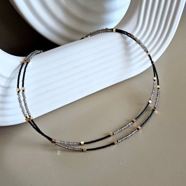 Колье – две нити, черный биссер Япония, кварц дымчатый, микс цирконов синтетических, кубики гематита позолота.